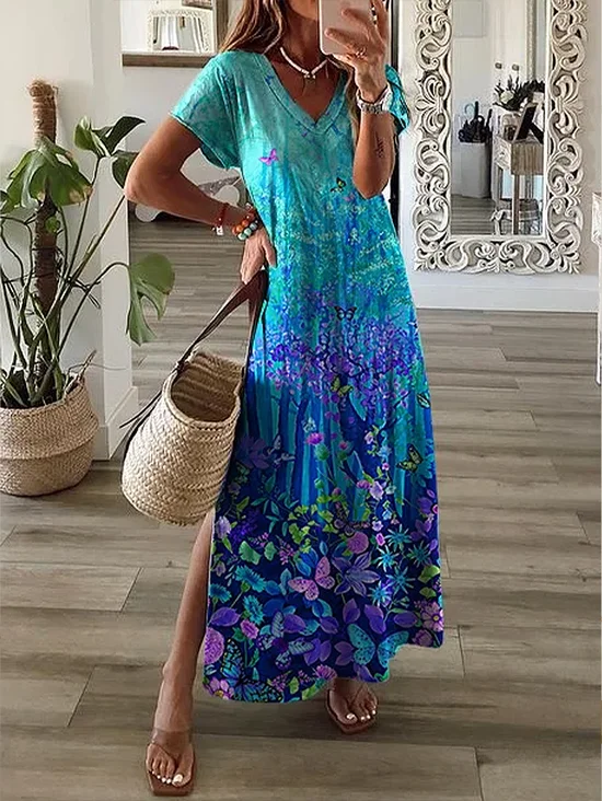Femmes Floral Comme Image Col V Confortable Imprimé Robe Maxi Décontracté