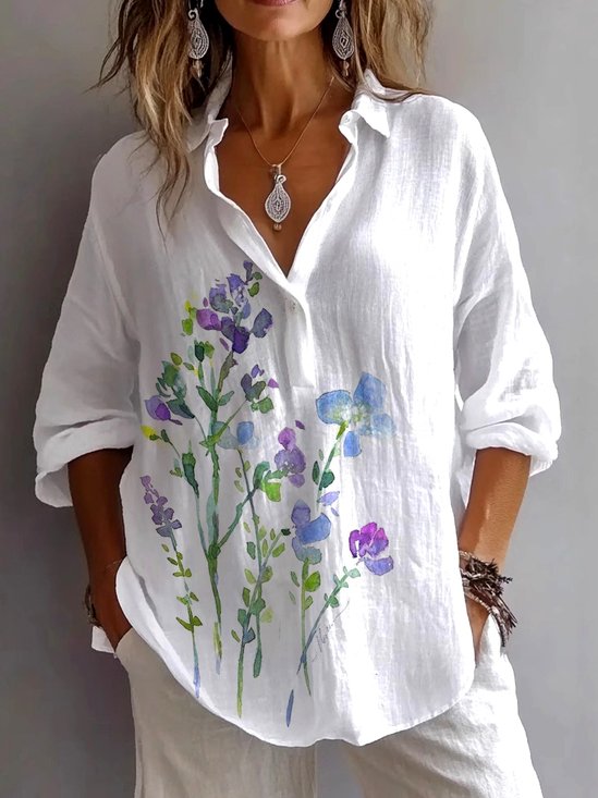 Chemises Femmes Décontracté Plain Printemps / Automne en Lin Micro-élasticité Coupe Régulière Trapèze Régulier Col de Chemise