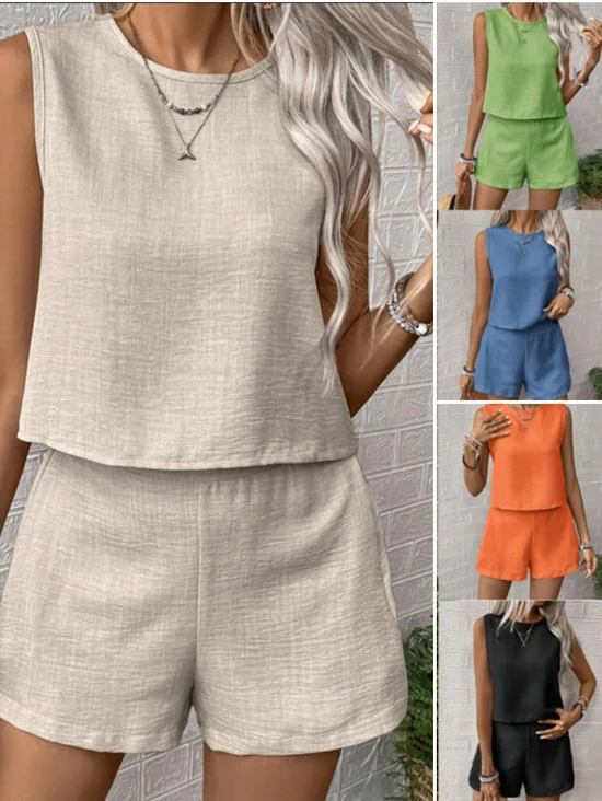 Deux Pièces Ensembles Femmes Simple Plain Été Micro-élasticité Quotidien Sans Manches Top Avec Pantalons Droit Régulier