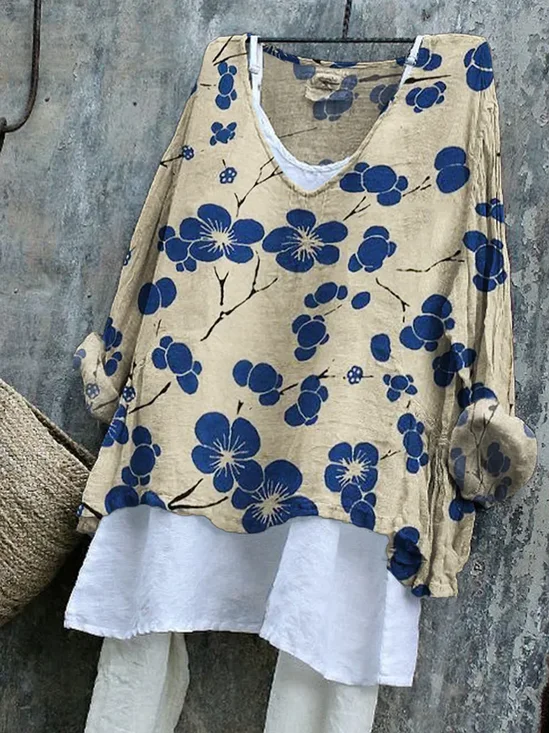 T-shirts Décontracté Floral Printemps / Automne Coton Col V Quotidien Manches Longues Régulier Régulier pour Femmes