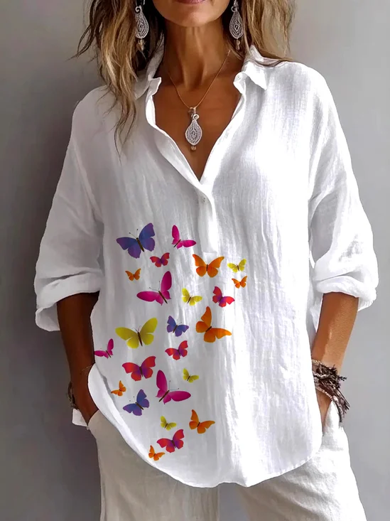 Chemises Décontracté Plain Printemps / Automne en Lin Micro-élasticité Manches Longues Régulier Trapèze Régulier pour Femmes
