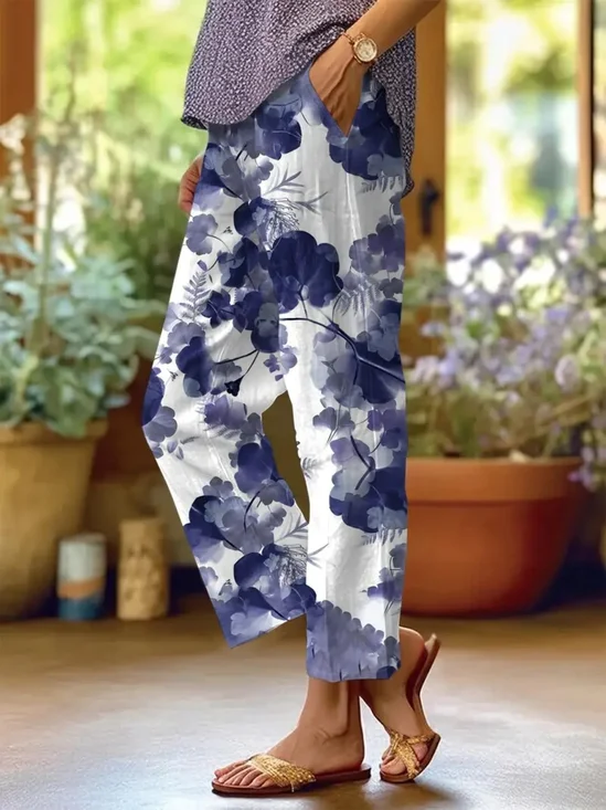 Pantalons Vacances Floral Printemps / Automne en Lin Faire la navette Coupe Régulière Pantalon droit Droit Régulier pour Femmes