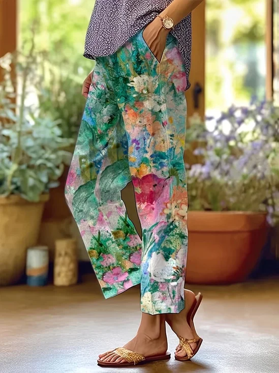 Pantalons Vacances Floral Printemps / Automne en Lin Naturel Faire la navette Long Droit Régulier pour Femmes