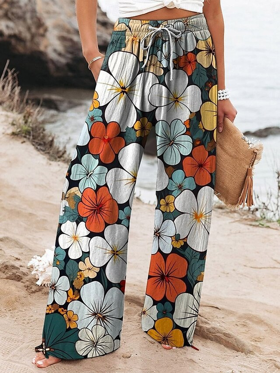 Pantalons Décontracté Floral Printemps / Automne Coton Micro-élasticité Quotidien Ample Long Régulier pour Femmes