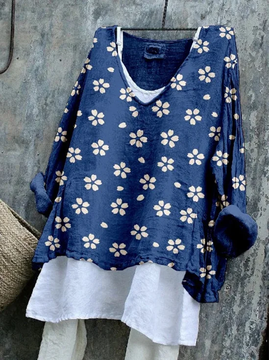 T-shirts Femmes Rétro Floral Printemps / Automne Polyester Col V Micro-élasticité Manches Longues Régulier Régulier