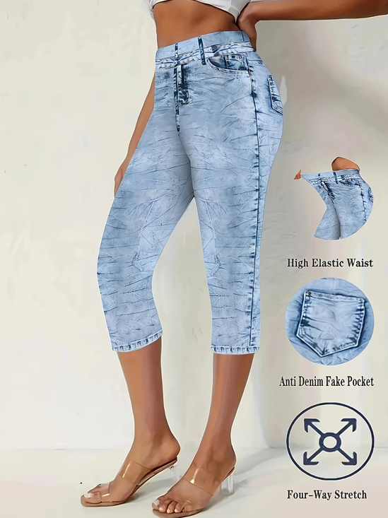 Pantalons Femmes Décontracté Été Imprimé graphique en faux denim Viscose Micro-élasticité Quotidien Taille Élastique Corsaire Droit