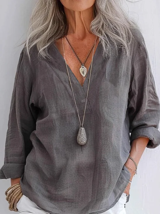 Chemises Décontracté Plain Printemps / Automne en Lin Col V Quotidien Coupe Régulière Manches Longues Régulier pour Femmes
