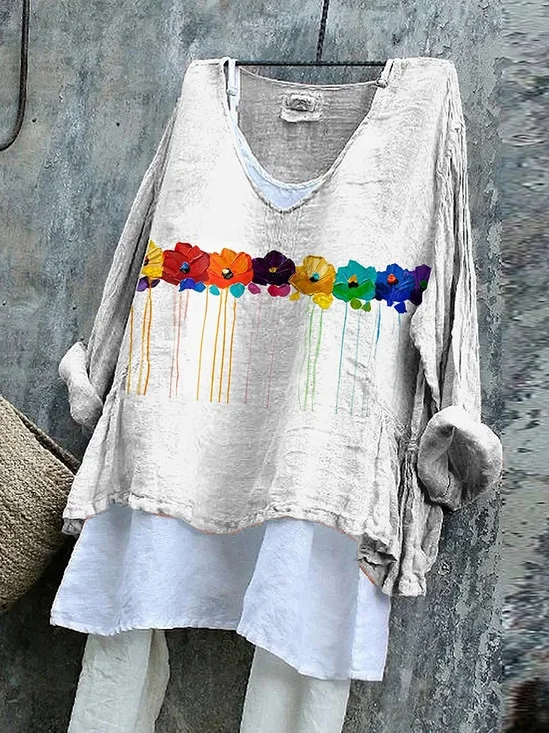 T-shirts Femmes en Lin Floral Printemps / Automne Polyester Col V Micro-élasticité Quotidien Manches Longues Régulier