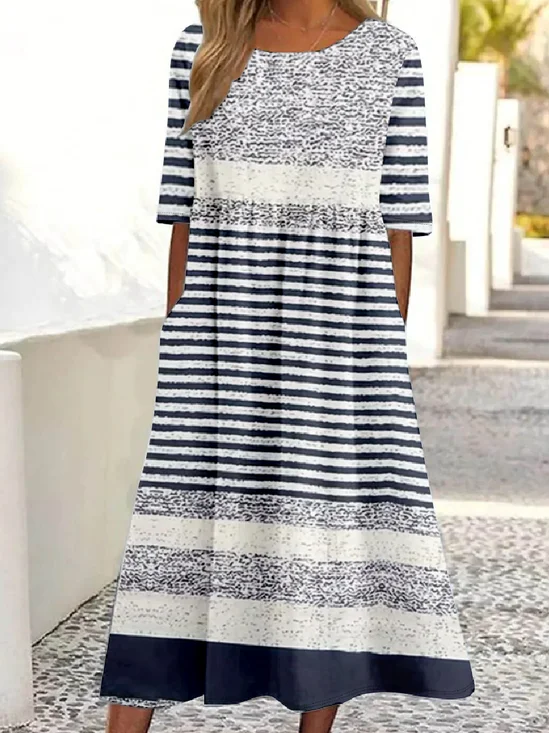 Femmes Rayé Comme Image Col Rond Confortable Robe Maxi Rétro