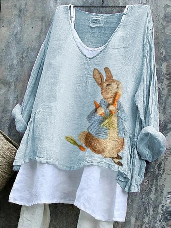 T-shirts en Lin Printemps / Automne PÂQUES (lapin) Polyester Micro-élasticité Quotidien Manches Longues Régulier Trapèze pour Femmes
