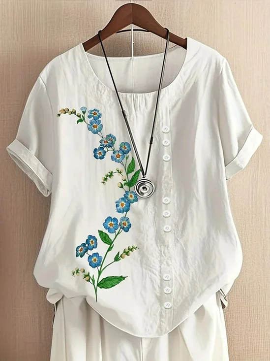 Blouses Femmes Élégant Floral Été Coton Domestique Col Rond Régulier Droit Régulier