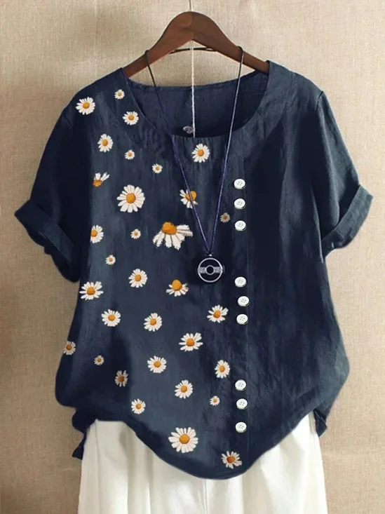 Blouses Femmes Décontracté Petit Marguerite Été Coton Aucune élasticité Domestique Coupe Régulière Régulier Régulier