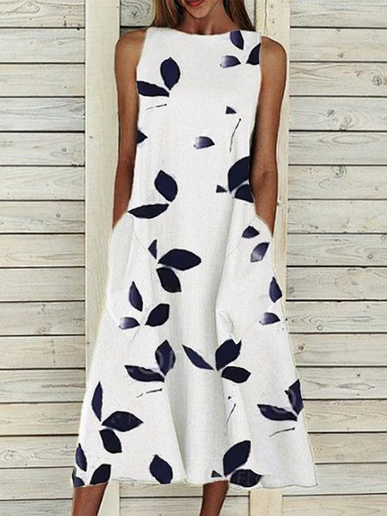 Femmes Floral Blanc Col Rond Confortable Imprimé Robe Maxi Décontracté