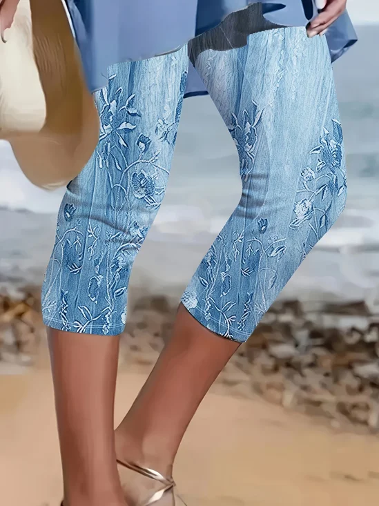 Pantalons Femmes Décontracté Floral Été Imprimé Naturel Taille Élastique Corsaire Régulier T.-N.-L.