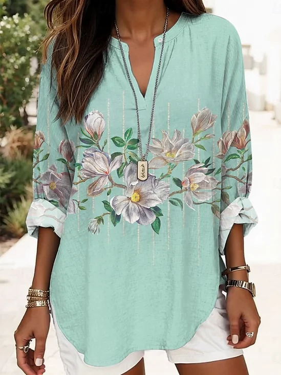 Blouses Élégant Floral Été Ample Demi Manche Col Châle Régulier Droit Régulier pour Femmes