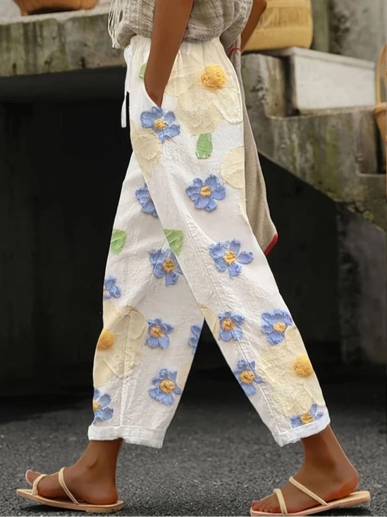 Pantalons Femmes Décontracté Floral Printemps / Automne Coton Naturel Coupe Régulière Long Droit Régulier