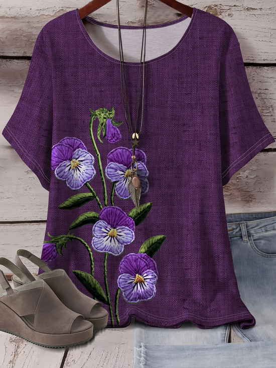 T-shirts Décontracté Floral Été Micro-élasticité Manches Courtes Col Rond Régulier Trapèze Régulier pour Femmes