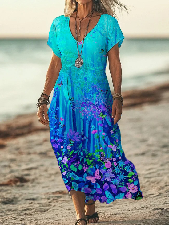 Femmes Floral Cyan Col V Confortable Imprimé Robe Maxi Décontracté