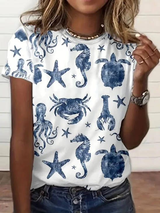 T-shirts Femmes Rétro Marin Vie Été Coton Quotidien Manches Courtes Col Rond Régulier Régulier
