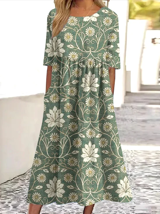 Femmes Floral Bleu Col Rond Confortable Robe Maxi Décontracté