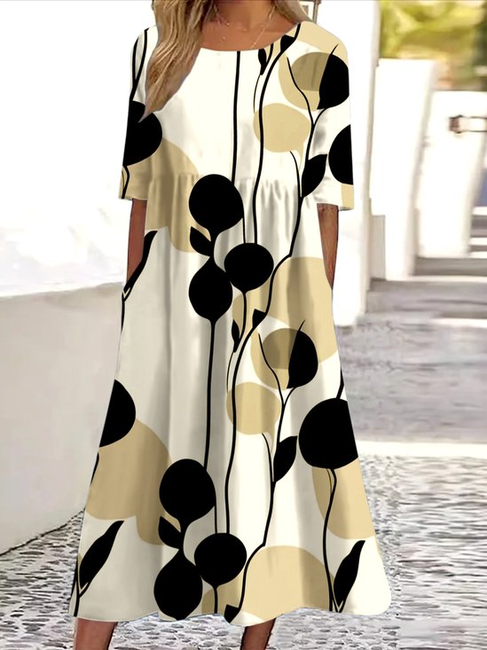 Femmes Floral Abricot Col Rond Confortable Robe Maxi Décontracté