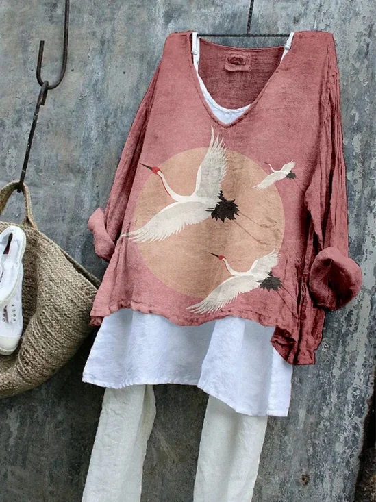 T-shirts Rétro Rouge-grue couronnée Printemps / Automne Coton Col V Micro-élasticité Manches Longues Régulier Trapèze pour Femmes