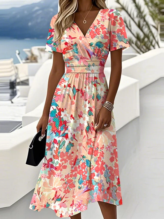 Femmes Floral Bleu Col V Confortable Robe Maxi Décontracté
