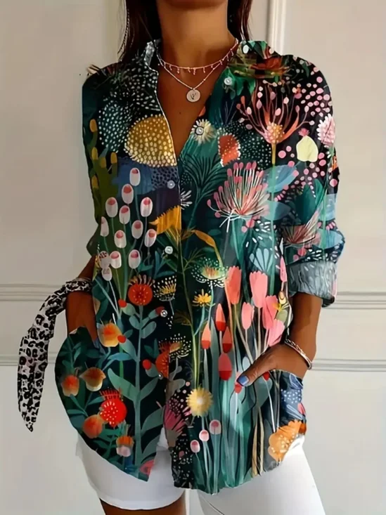 Chemises Décontracté Plantes Printemps / Automne Micro-élasticité Coupe Régulière Manches Longues Régulier Régulier Col de Chemise pour Femmes