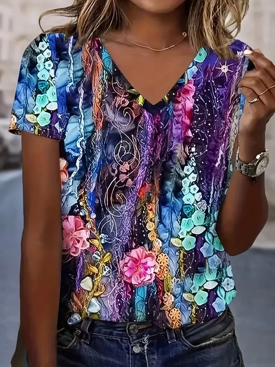 T-shirts Femmes Décontracté Floral Été Imprimé Aucune élasticité Quotidien Régulier Droit Régulier