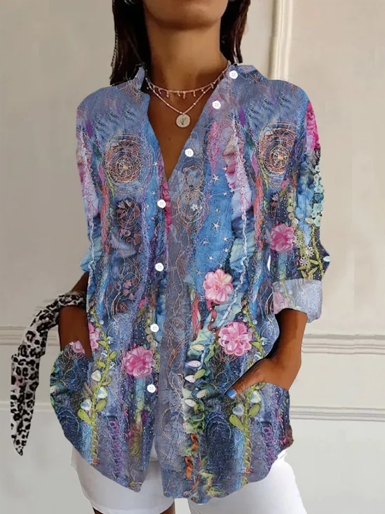 Chemises Femmes Décontracté Floral Printemps / Automne Polyester Aucune élasticité Droit Boucle Régulier Col de Chemise