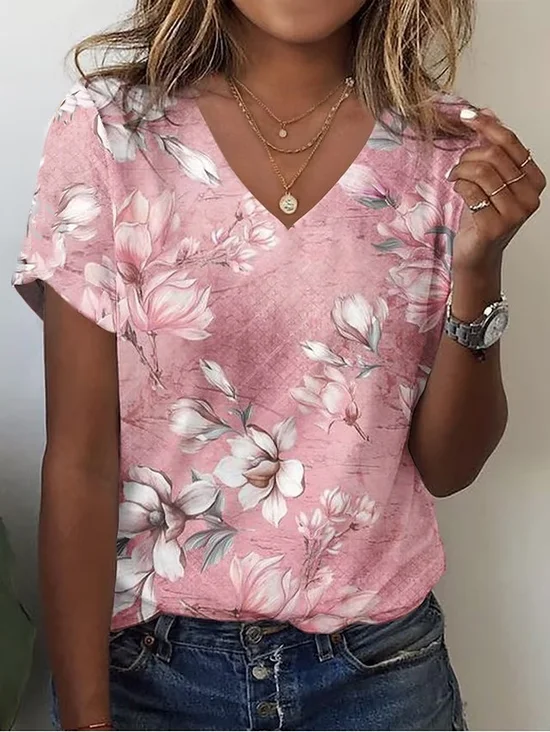 T-shirts Décontracté Floral Été Aucune élasticité Manches Courtes Régulier Droit Régulier T.-N.-L. pour Femmes