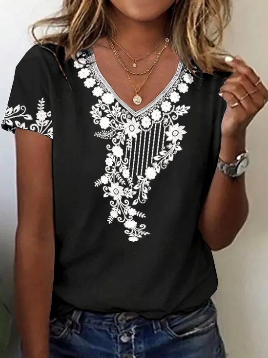 T-shirts Femmes Décontracté Floral Été Polyester Micro-élasticité Quotidien Régulier Trapèze Régulier