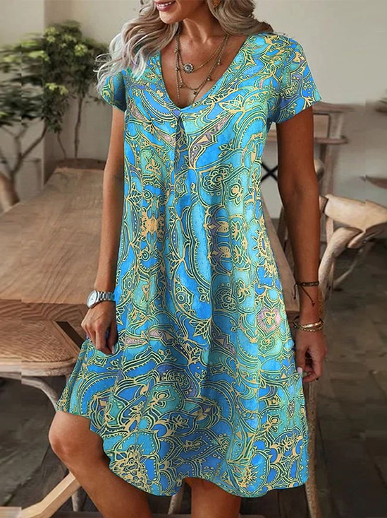 Femmes Floral Cyan Col V Confortable Imprimé Robe de Longueur Au Genou Décontracté