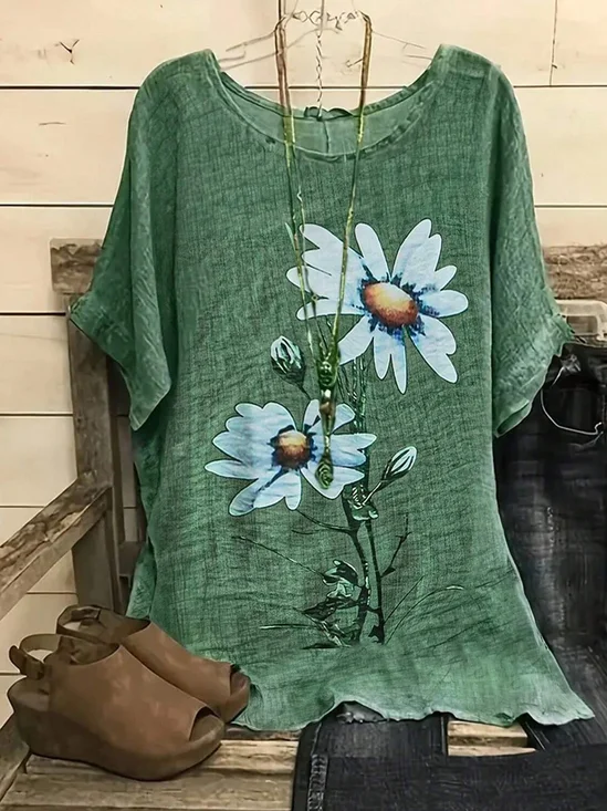 T-shirts Femmes Simple Floral Printemps / Automne Manche Dolman Domestique Ample Manches trois quarts Col Rond Droit