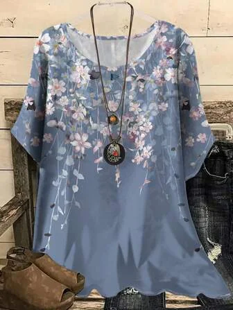 T-shirts Rétro Plantes Printemps / Automne Manche Dolman Micro-élasticité Domestique Manches trois quarts Col Rond Droit pour Femmes