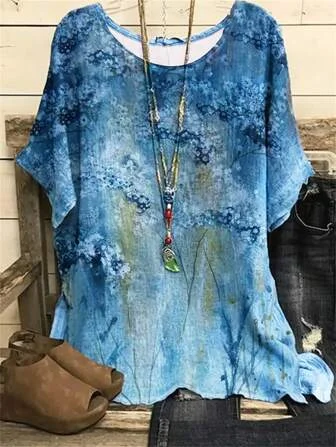 T-shirts Femmes Simple Floral Printemps / Automne en Lin Micro-élasticité Domestique Ample Manches trois quarts Droit