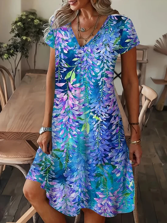 Femmes Floral Comme Image Col V Confortable Robe Maxi Décontracté