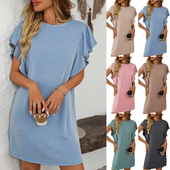 Femmes Rayé Vert Col Rond Confortable Imprimé Mini Robe Décontracté