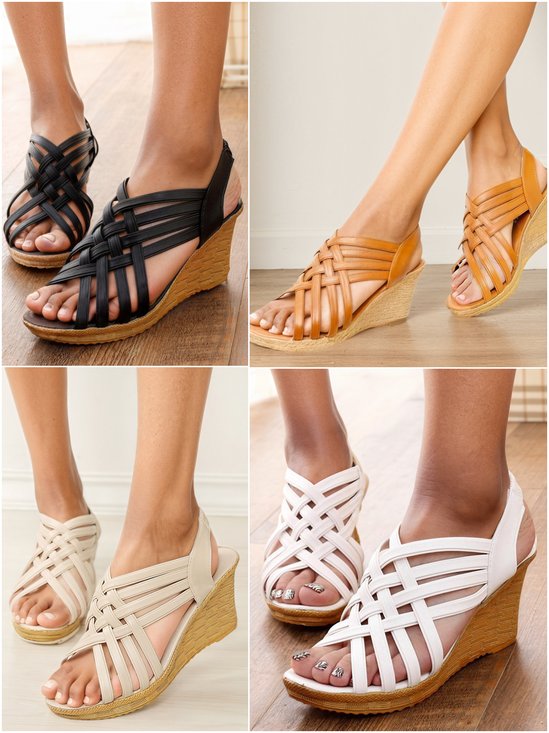 Sandales Compensées Femmes Élégant Plain Été Faire la navette Talon Haut à Bout Ouvert Gladiateur PU à Enfiler
