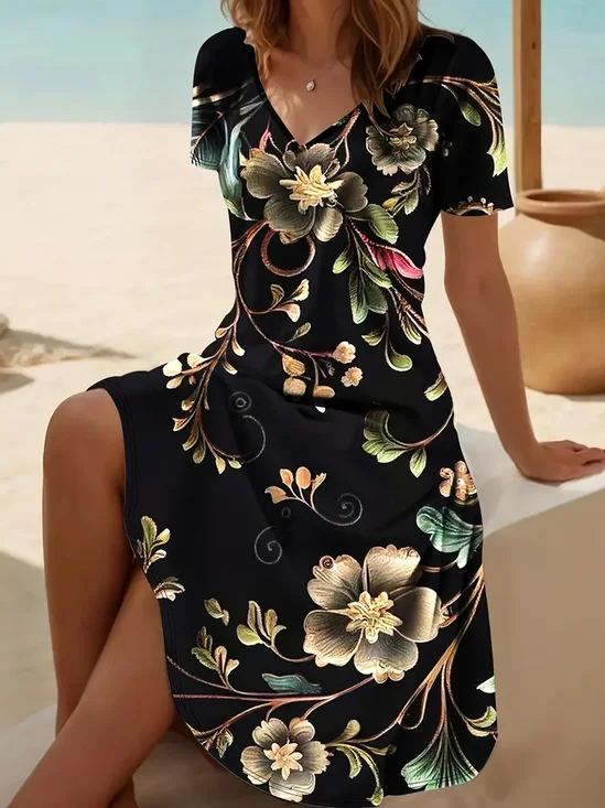 Femmes Floral Comme Image Col V Confortable Robe Mi-Longue Décontracté