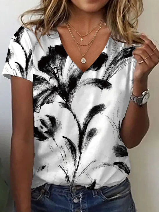 T-shirts Femmes Décontracté Floral Été Imprimé Jersey Manches Courtes Droit Régulier T.-N.-L.