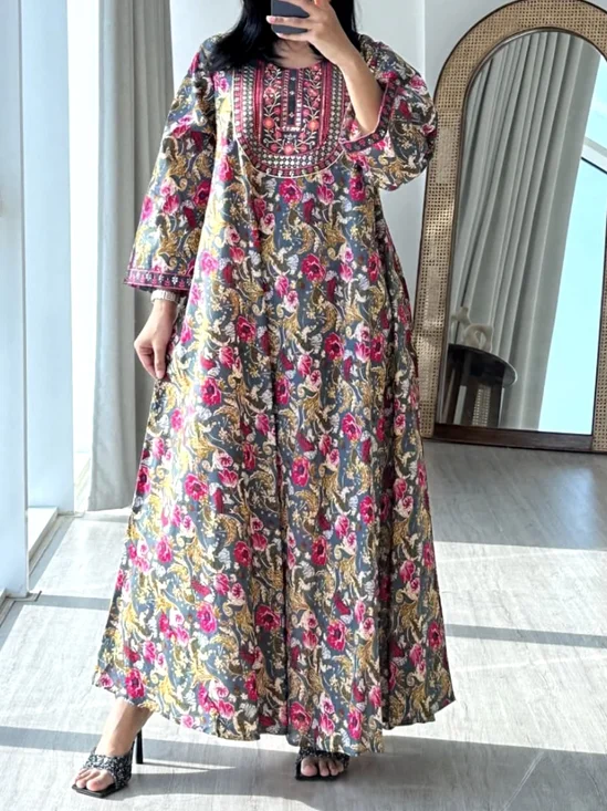 Femmes Floral Bleu Marine Col Rond Confortable Robe Maxi Décontracté