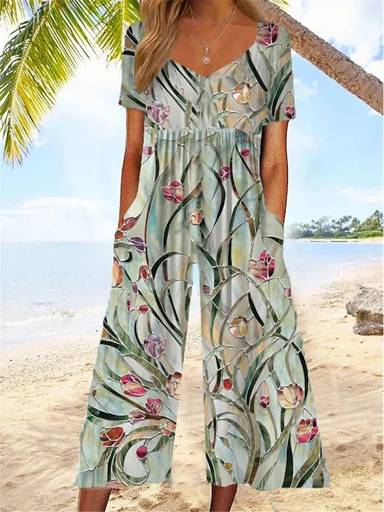 Combinaisons Décontracté Floral Été Imprimé Naturel Micro-élasticité Quotidien Pantalon à la cheville Régulier pour Femmes