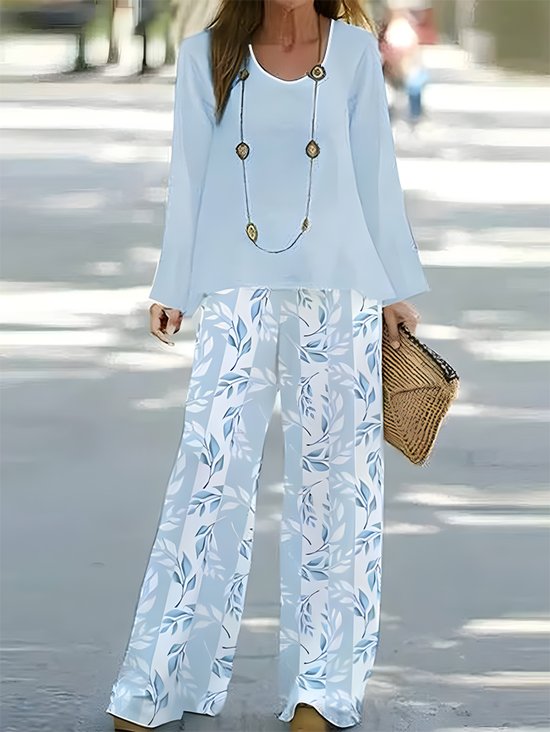 Deux Pièces Ensembles Femmes Décontracté Floral Printemps / Automne Naturel Aucune élasticité Ample Col Rond Top Avec Pantalons Droit