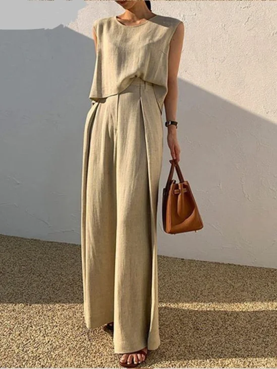 Deux Pièces Ensembles Simple Plain Été en Lin Micro-élasticité Vacances Col Rond Top Avec Pantalons Droit pour Femmes