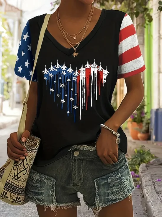 T-shirts Femmes Décontracté Été Drapeau des États-Unis Polyester Col V Coupe Régulière Régulier Trapèze Régulier