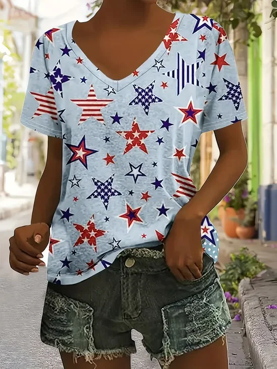 T-shirts Femmes Décontracté Été Drapeau des États-Unis Col V Coupe Régulière Manches Courtes Régulier Trapèze Régulier