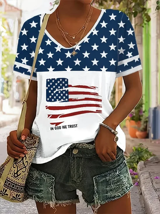 T-shirts Décontracté Été Drapeau des États-Unis Coton Col V Coupe Régulière Manches Courtes Trapèze Régulier pour Femmes