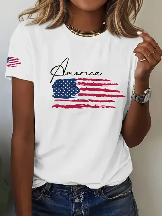 T-shirts Décontracté Été Drapeau des États-Unis Micro-élasticité Quotidien Manches Courtes Col Rond Trapèze Régulier pour Femmes