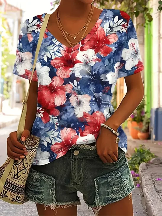 T-shirts Femmes Décontracté Drapeau des États-Unis Été Coton Micro-élasticité Coupe Régulière Manches Courtes Régulier Trapèze